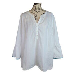 Kim Rogers Curvy Size 2X 100% Cotton Boho Shirt White Blouse Bell Sleeve